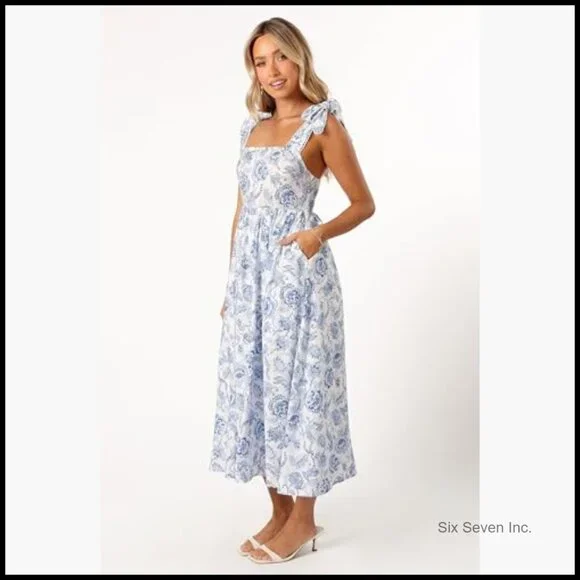 Midi Dress with Adjustable Tie Shoulder Straps and Side Pockets
